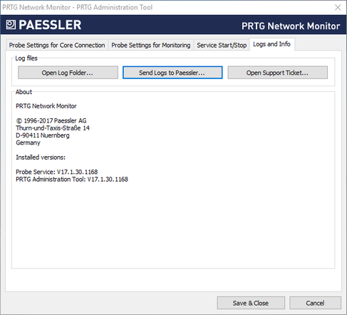 PRTG Administration Tool: Logs and Info
