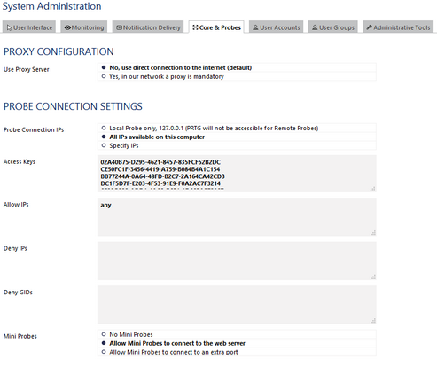 Probe Connection Settings in System Administration