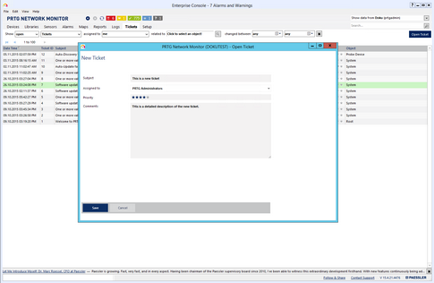 Open Ticket Dialog in PRTG Enterprise Console